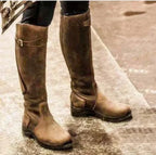 Bucktrem Knee-High Riding Boots – Women Faux Leather Block Heel Round Toe Autumn Winter Buckle Boots
