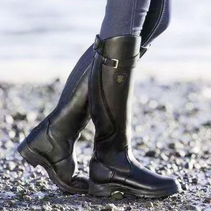 Bucktrem Knee-High Riding Boots – Women Faux Leather Block Heel Round Toe Autumn Winter Buckle Boots