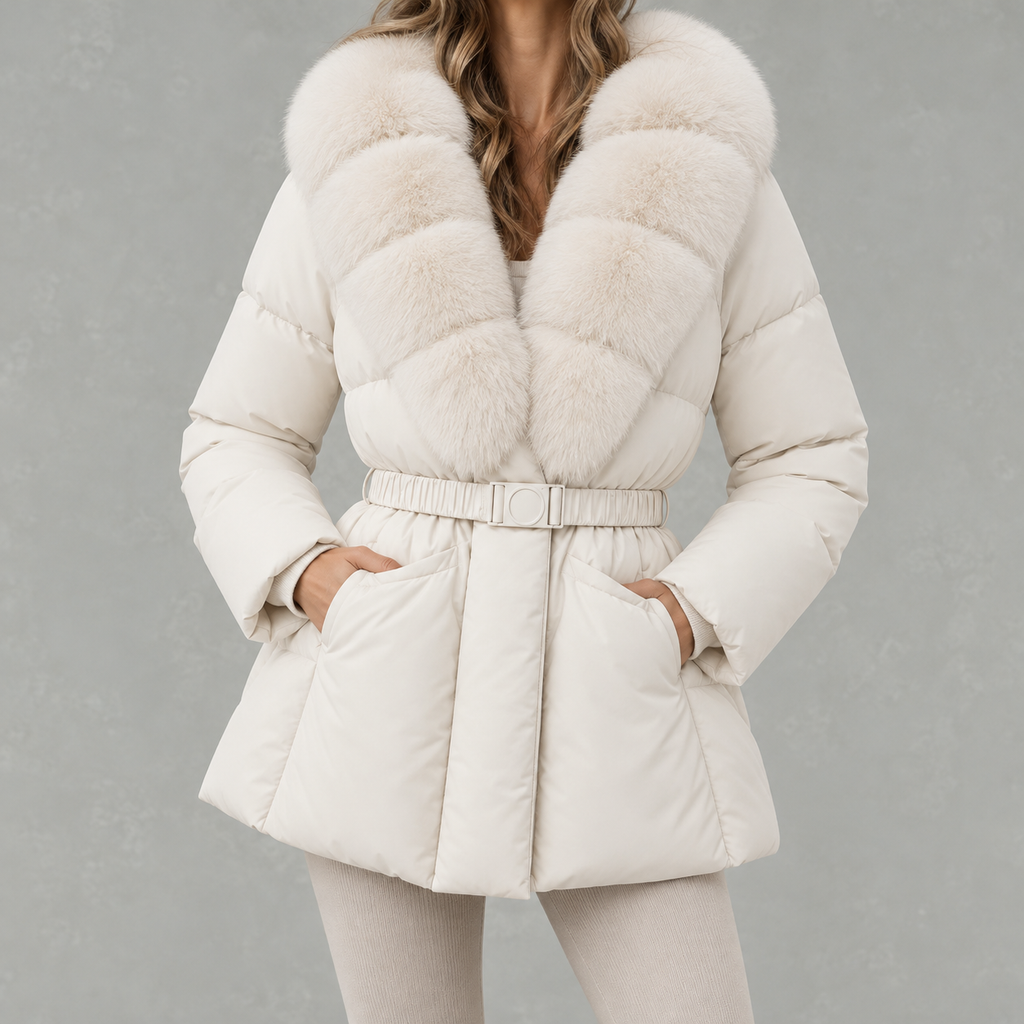 Shawdren Faux Fur Collar Belted Puffer Coat – Padded Quilted Women Winter Jacket Ladies Long Puffer Coat