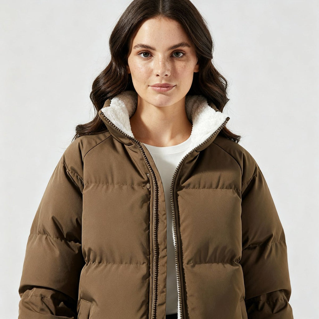 Quilten Oversized Cropped Puffer Jacket – Quilted Winter Women Puffer Coat Sherpa Lined Casual Streetwear