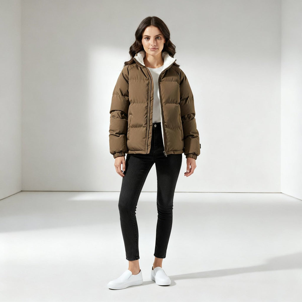 Quilten Oversized Cropped Puffer Jacket – Quilted Winter Women Puffer Coat Sherpa Lined Casual Streetwear