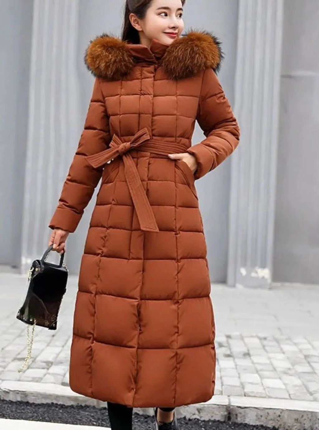 Beltiq Faux Fur Hooded Longline Puffer Coat – Quilted Padded Women Ladies Winter Warm Belted Long Jacket