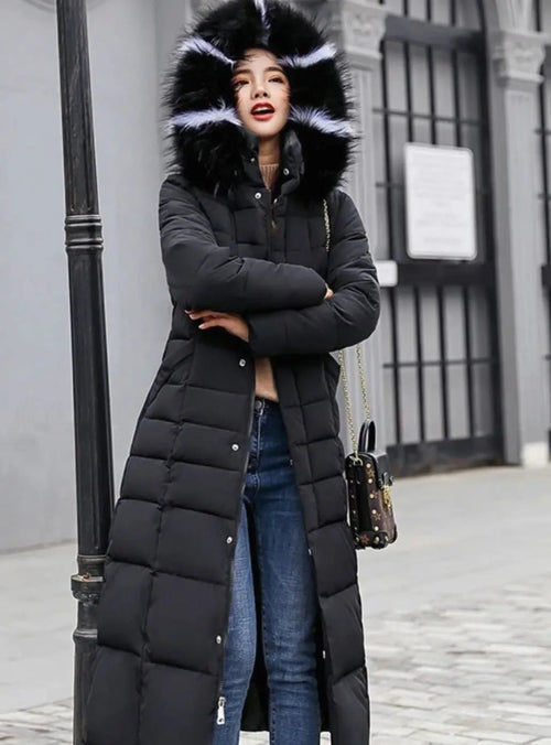 Beltiq Faux Fur Hooded Longline Puffer Coat – Quilted Padded Women Ladies Winter Warm Belted Long Jacket