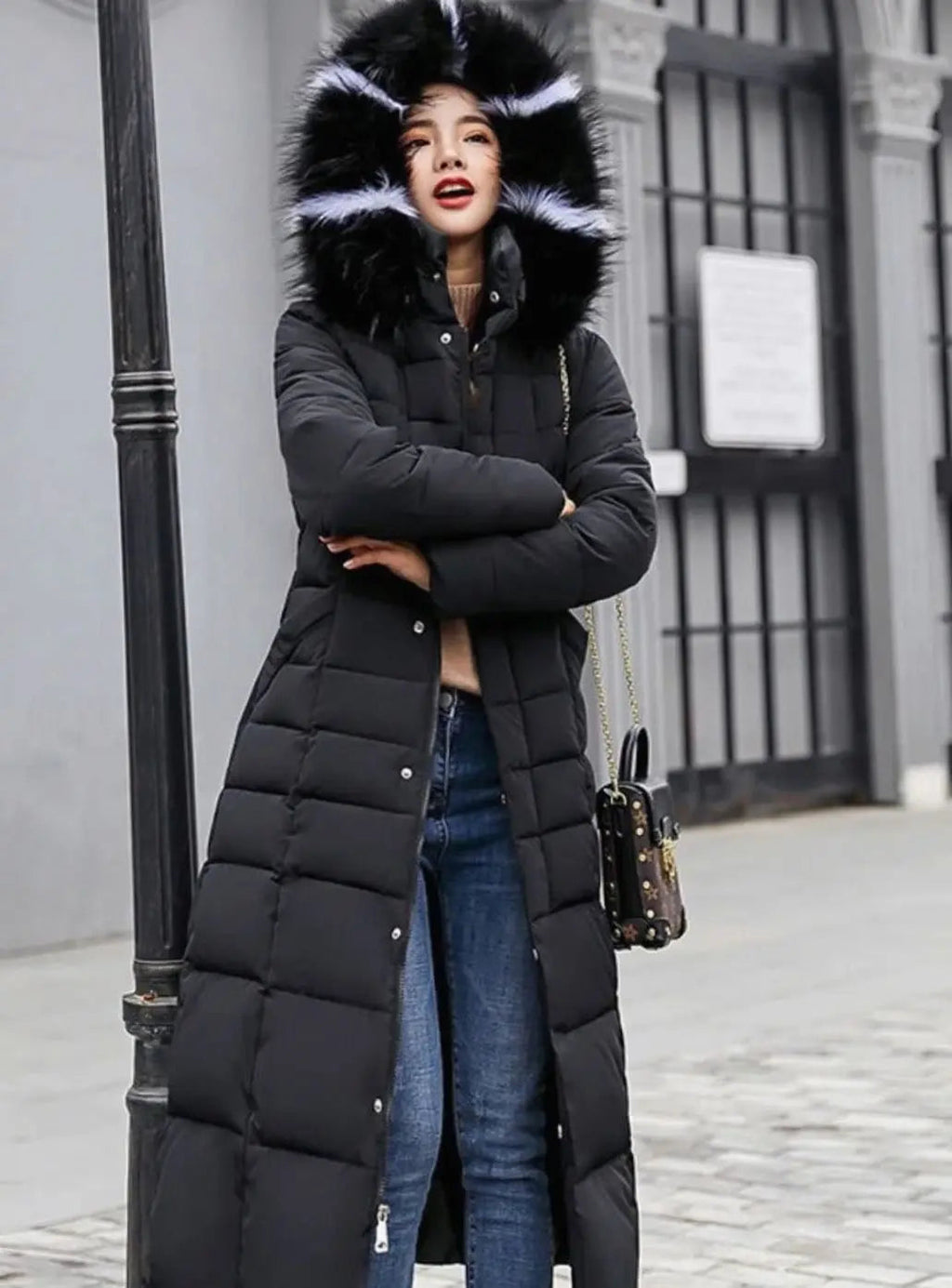 Quilgrid Belted Faux Fur Hood Long Puffer Coat – Women Quilted Winter Outerwear Longline Padded Coat