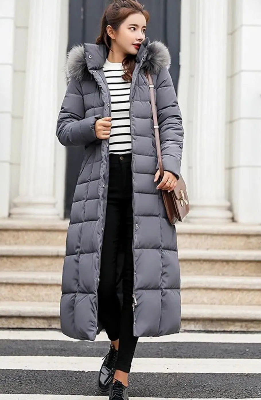 Beltiq Faux Fur Hooded Longline Puffer Coat – Quilted Padded Women Ladies Winter Warm Belted Long Jacket