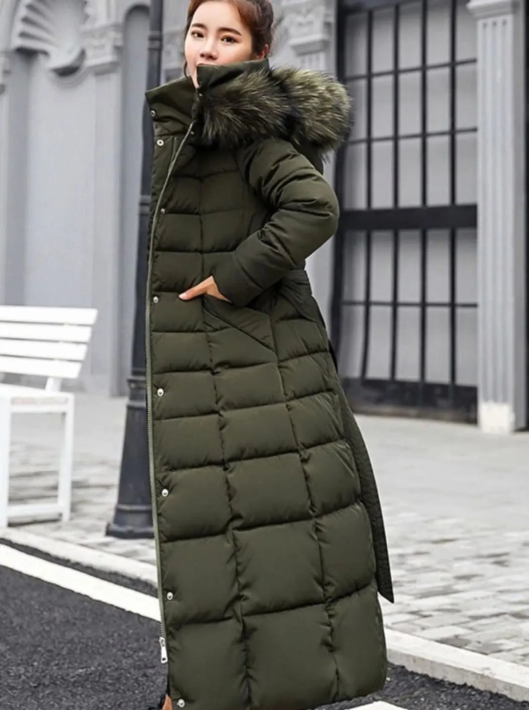 Quilgrid Belted Faux Fur Hood Long Puffer Coat – Women Quilted Winter Outerwear Longline Padded Coat