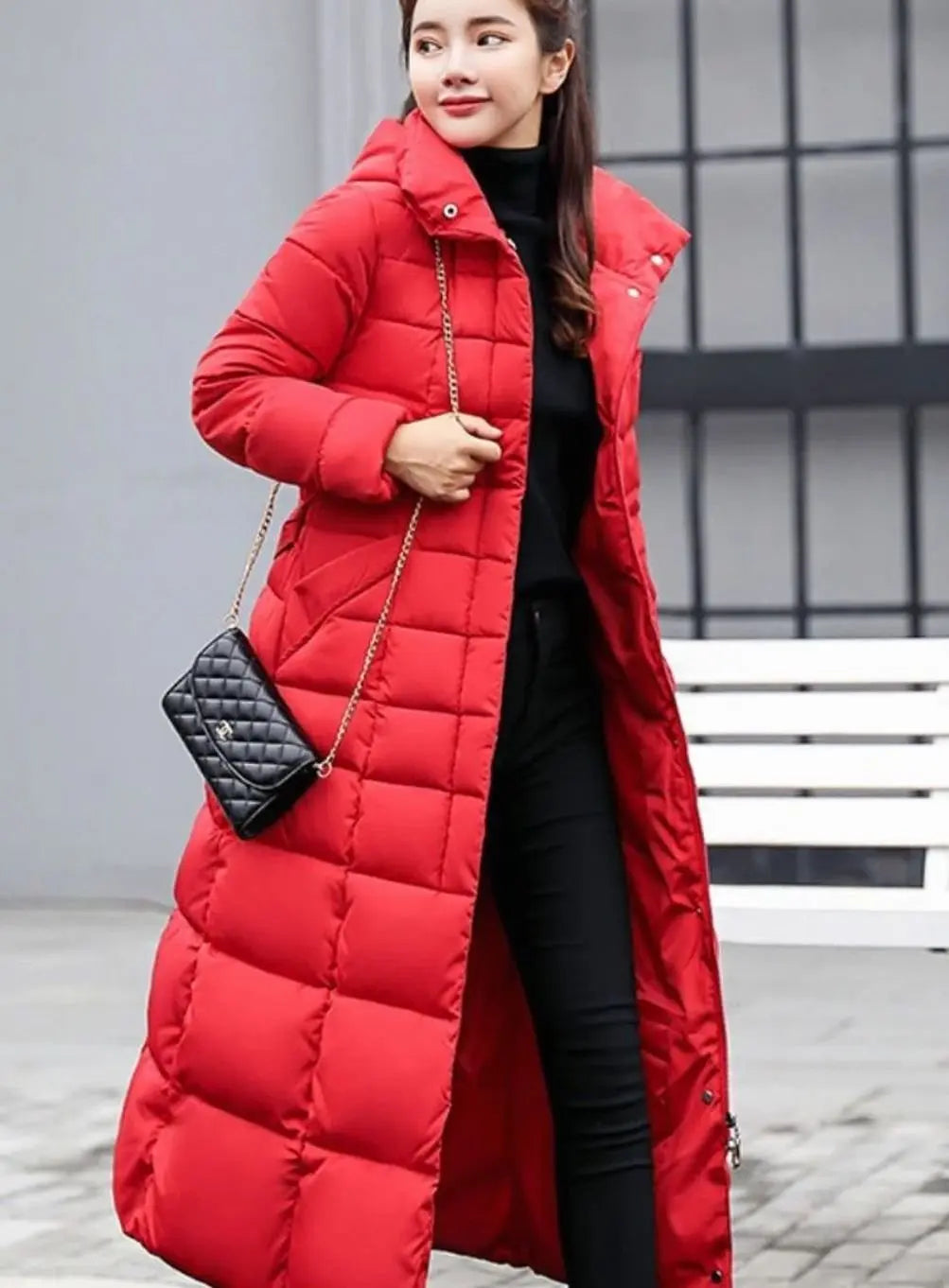 Quilgrid Belted Faux Fur Hood Long Puffer Coat – Women Quilted Winter Outerwear Longline Padded Coat