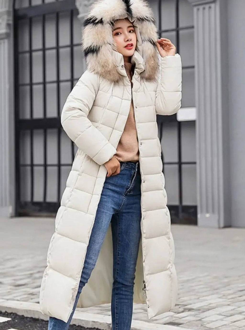 Quilgrid Belted Faux Fur Hood Long Puffer Coat – Women Quilted Winter Outerwear Longline Padded Coat