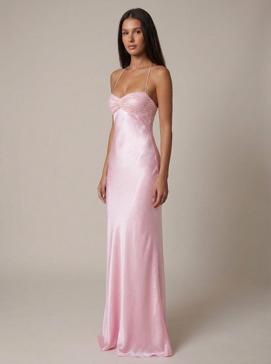 Women's Formal Beaded Halter Maxi Dress