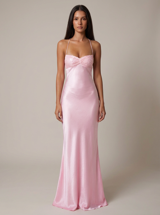 Women's Formal Beaded Halter Maxi Dress