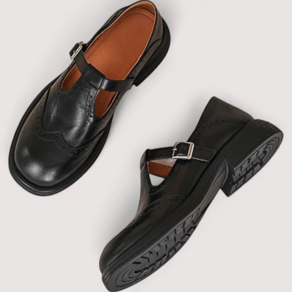 Punchette T-Strap Mary Jane Brogue Shoes – Women Closed Toe Casual Office Vintage Retro Buckle Flat Shoes