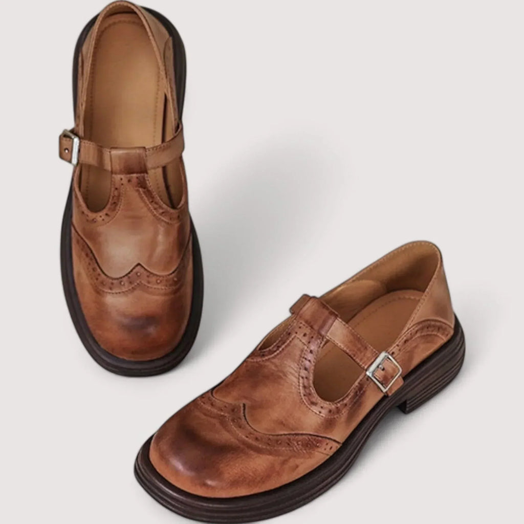 Punchette T-Strap Mary Jane Brogue Shoes – Women Closed Toe Casual Office Vintage Retro Buckle Flat Shoes