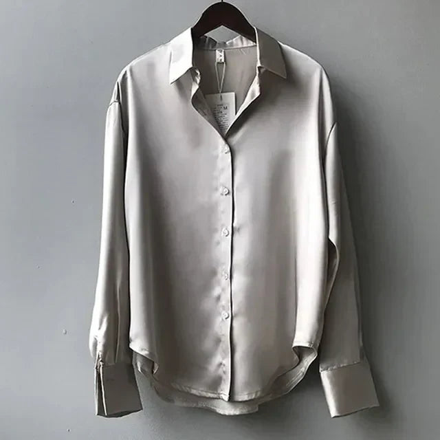 Poyntra Classic Collar Shirt – Satin Blouse Women Office Work Formal Elegant Long Sleeve Shirt